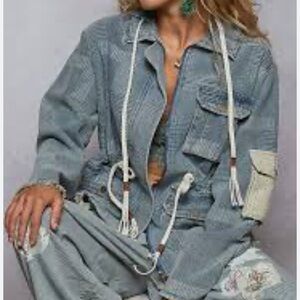 P.O.L. hooded denim jacket with a patchwork design, frayed hem